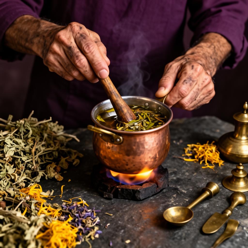 Hands slowly stirring a copper pot of herbal oil — craft over scale