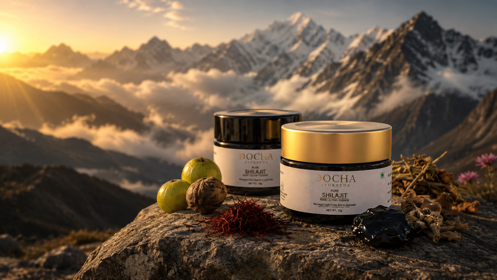 Pure shilajit resin against a mountain dawn