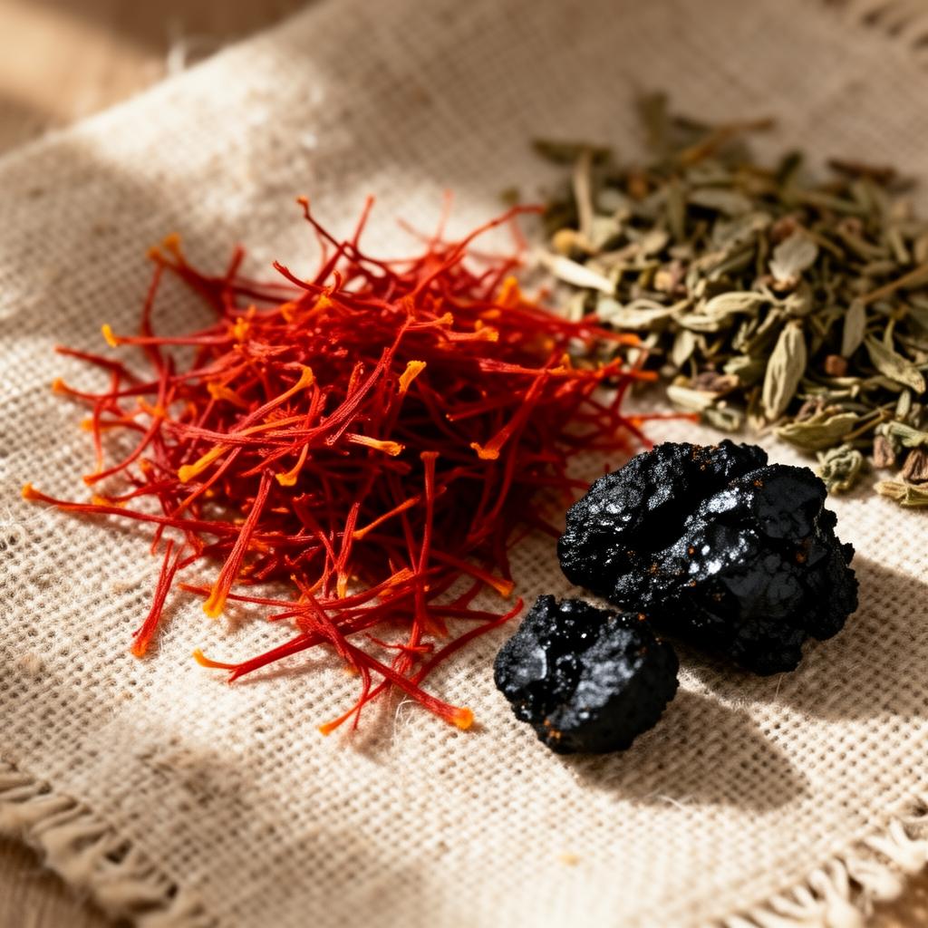 Saffron threads, shilajit resin and dried herbs on raw linen — single-origin purity